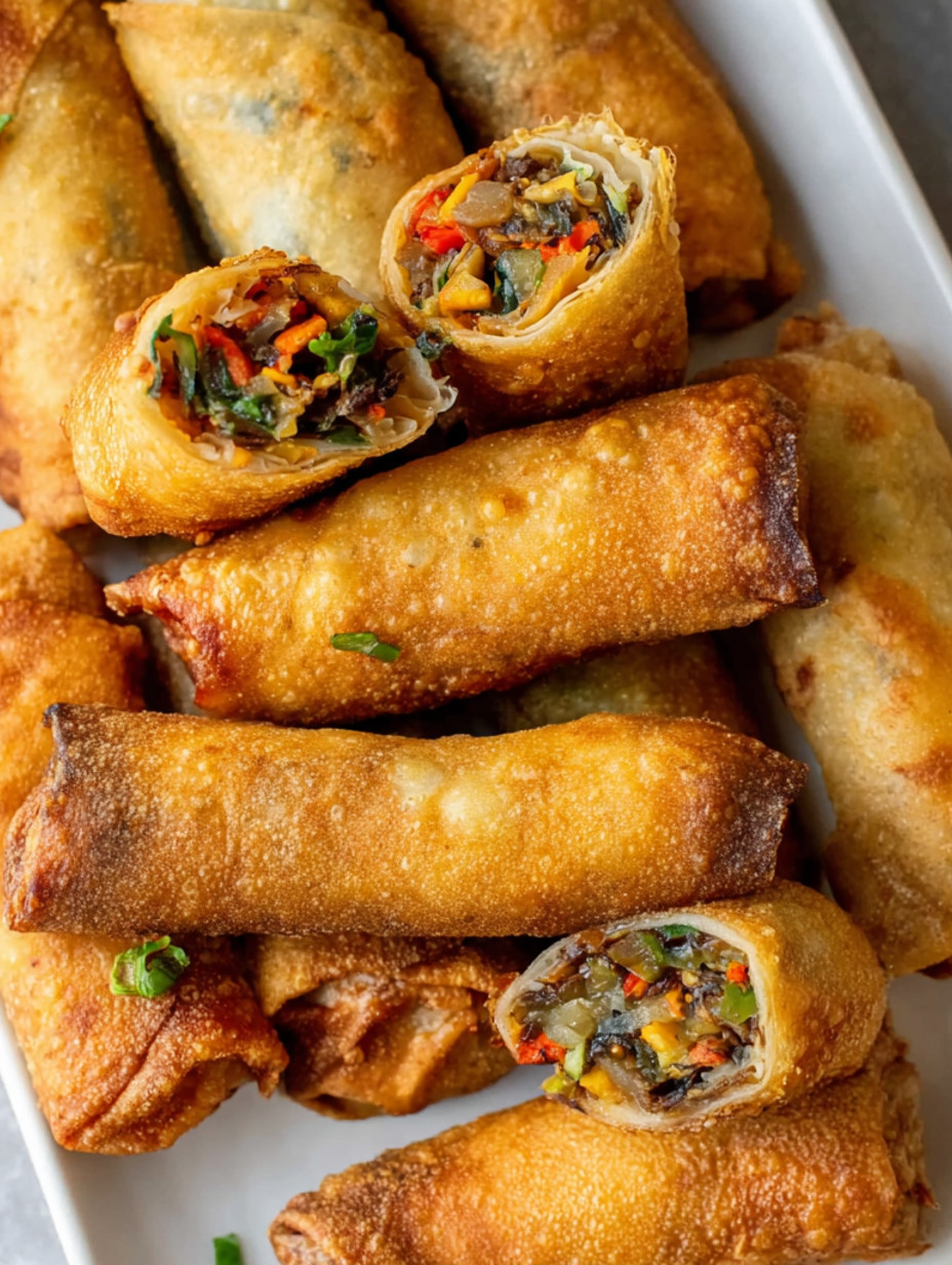 A plate of crispy vegan spring rolls.