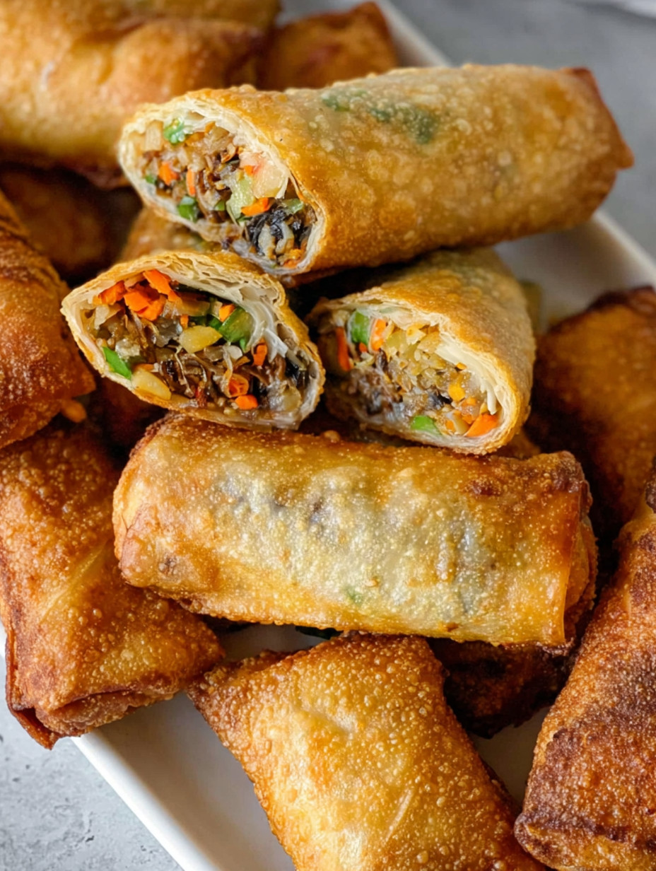 A plate of crispy vegan spring rolls.