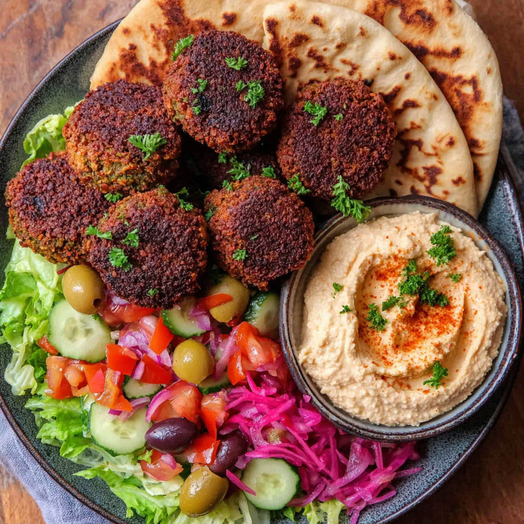 A plate of food with a falafel pita sandwich.