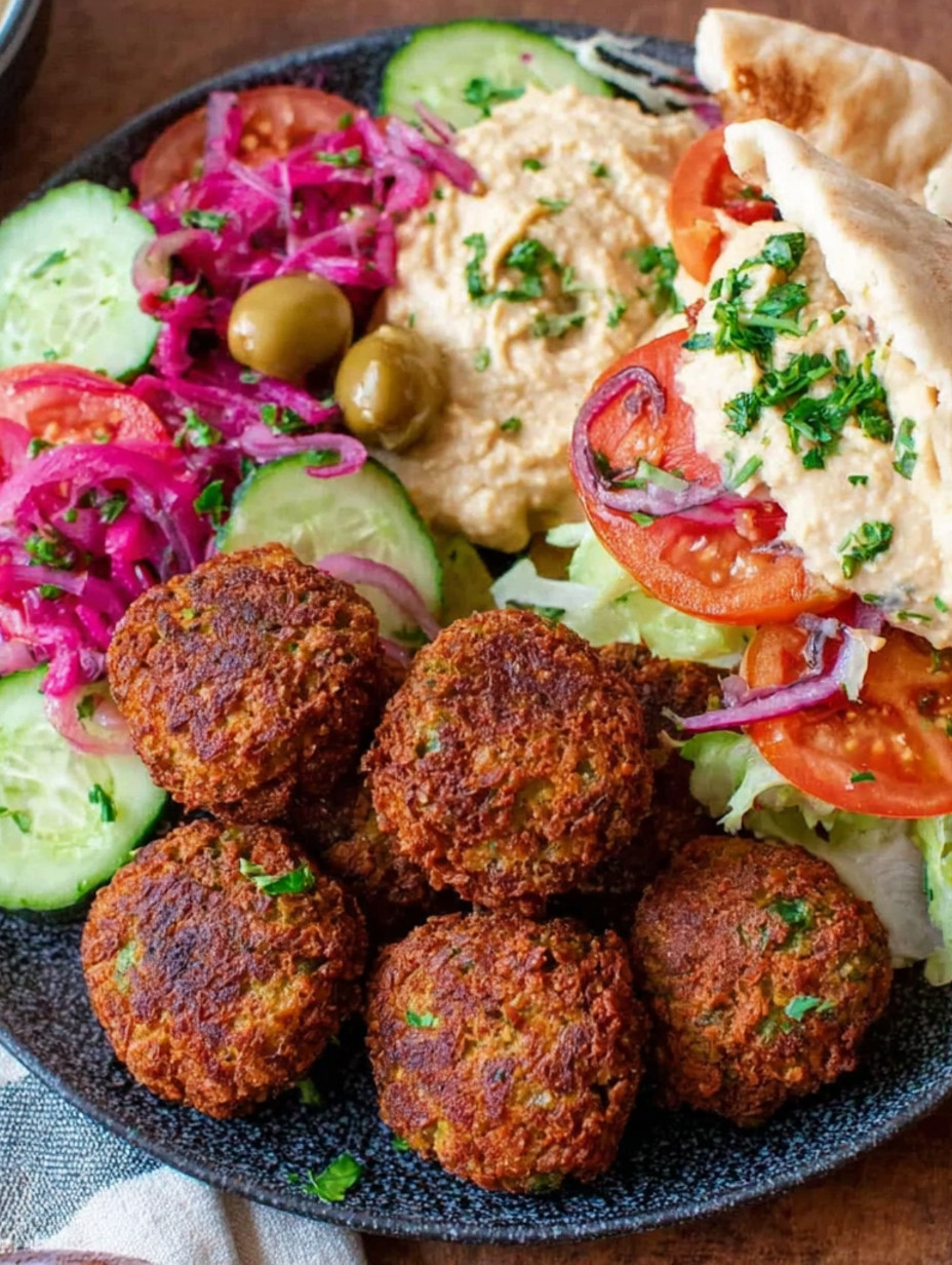 A plate of food with a falafel pita sandwich.