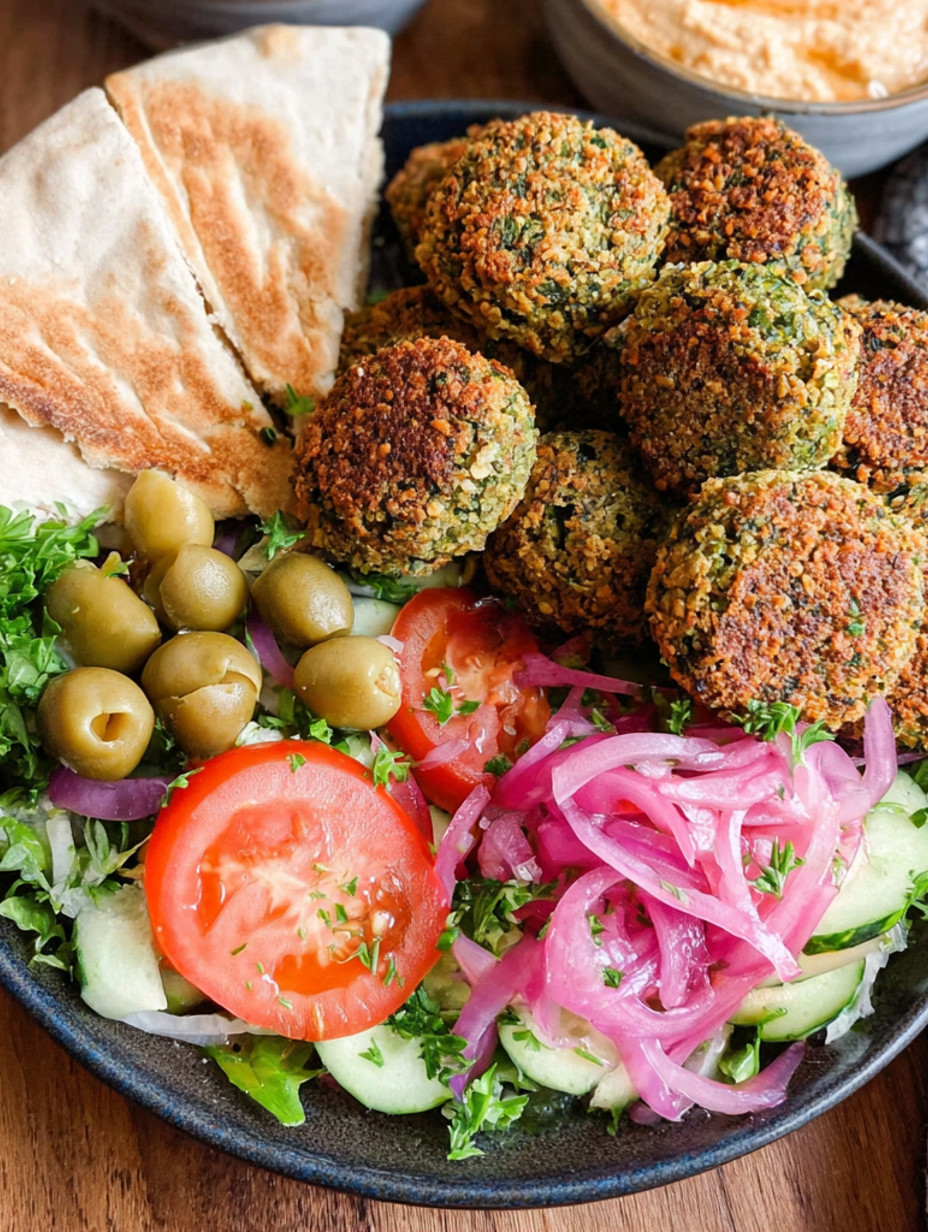 A plate of food with a falafel pita sandwich.