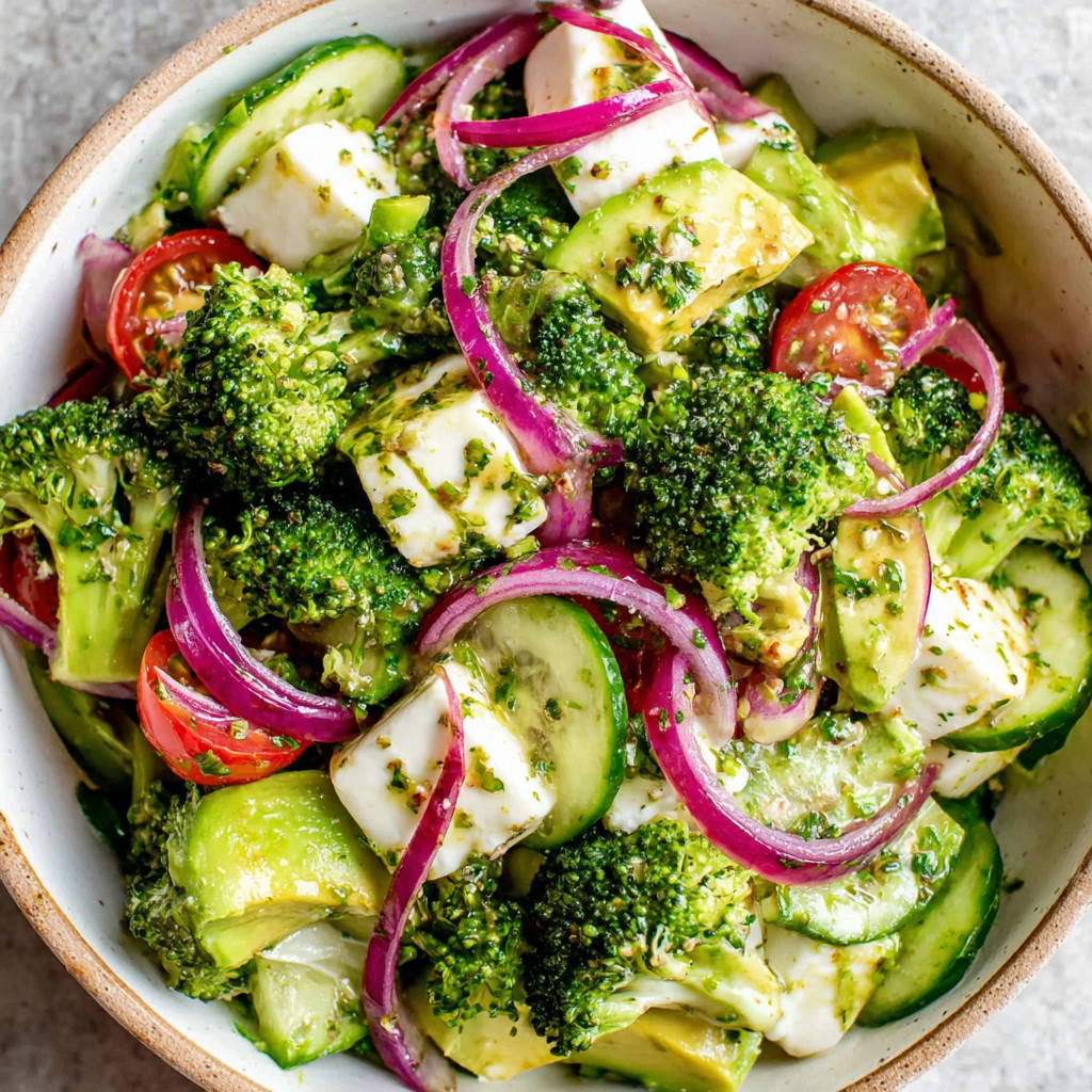 A bowl of fresh broccoli salad with pickled onions.