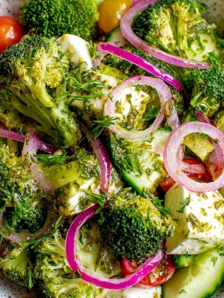 A fresh broccoli salad with pickled onions.