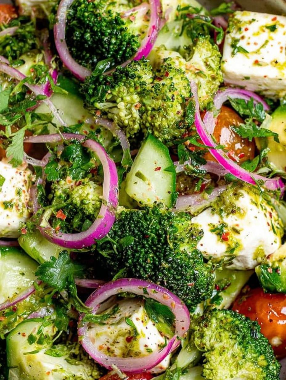 A fresh broccoli salad with pickled onions.