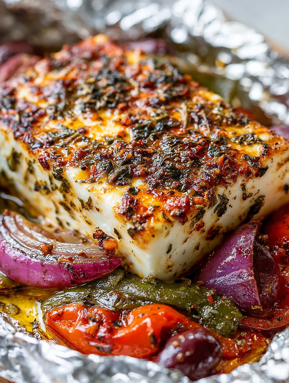 Spicy baked feta with onions and peppers.