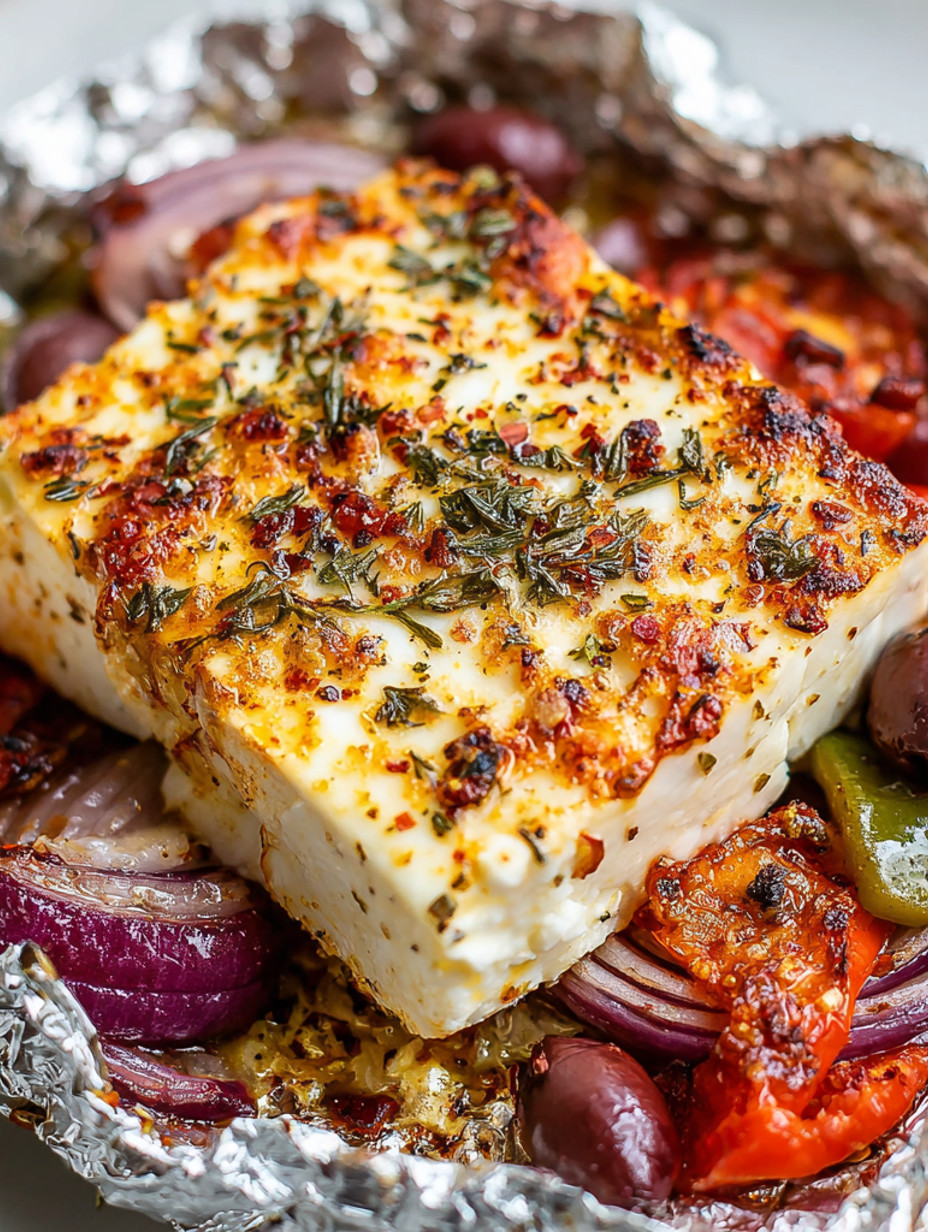 A spicy baked feta with onions and peppers.