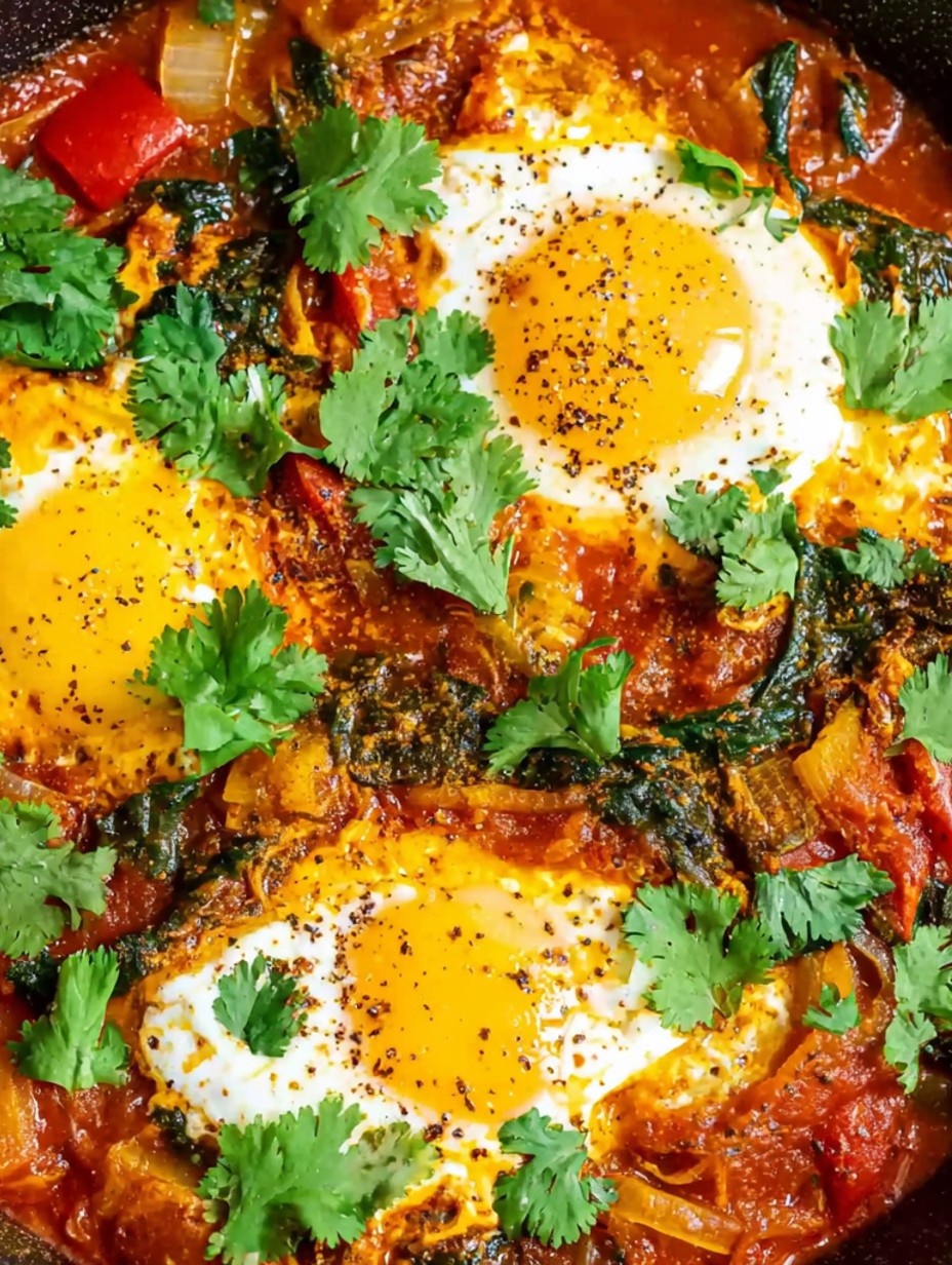 A dish of vegan shakshuka with eggs and greens.
