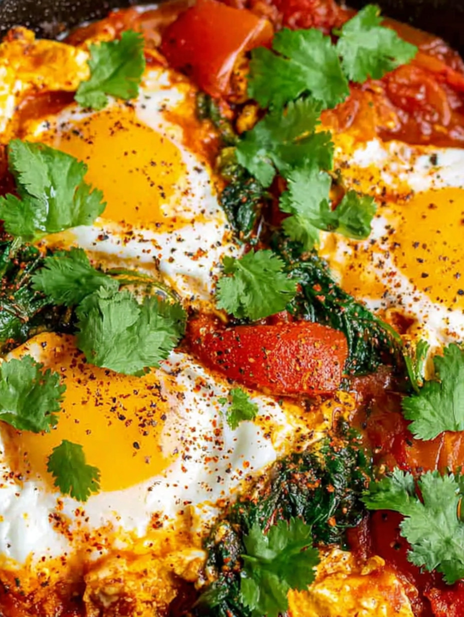 A vegan shakshuka with eggs and greens.