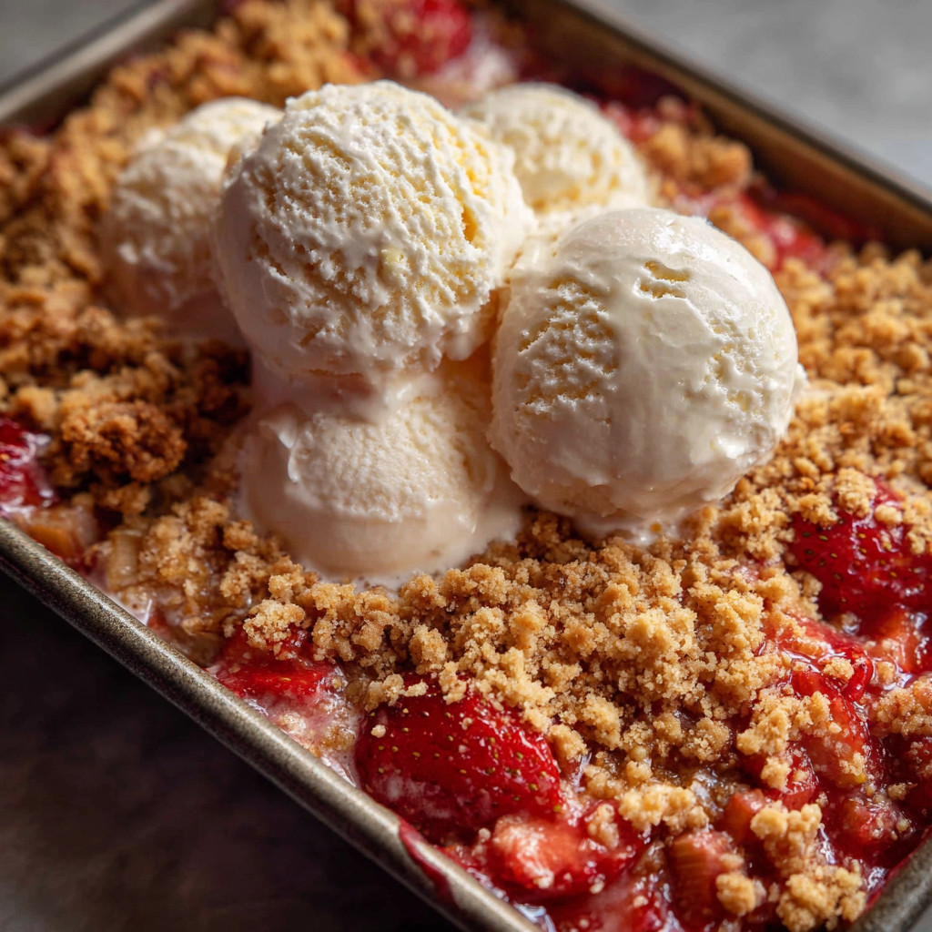 A close up of a vegan strawberry crumble.