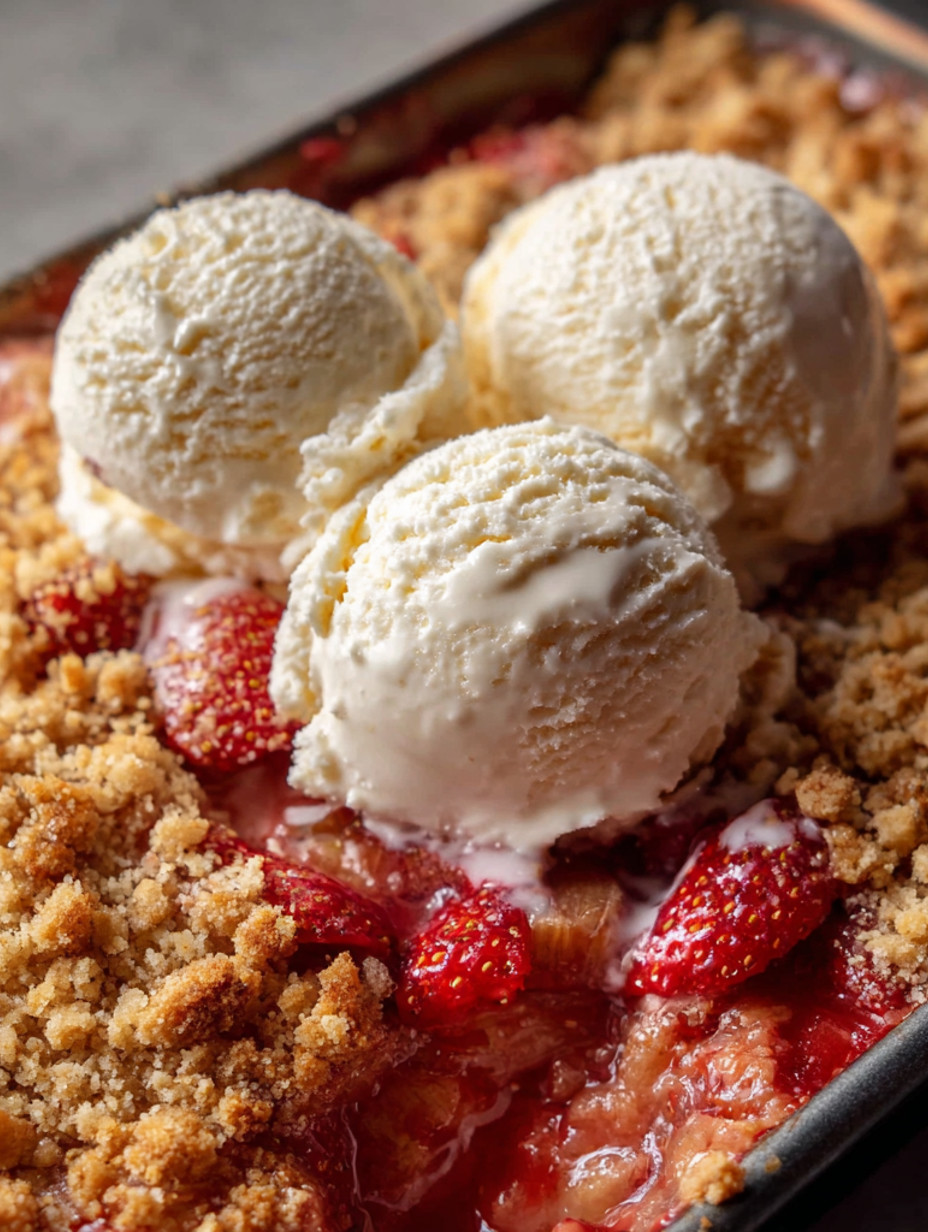 A close up of a vegan strawberry crumble.