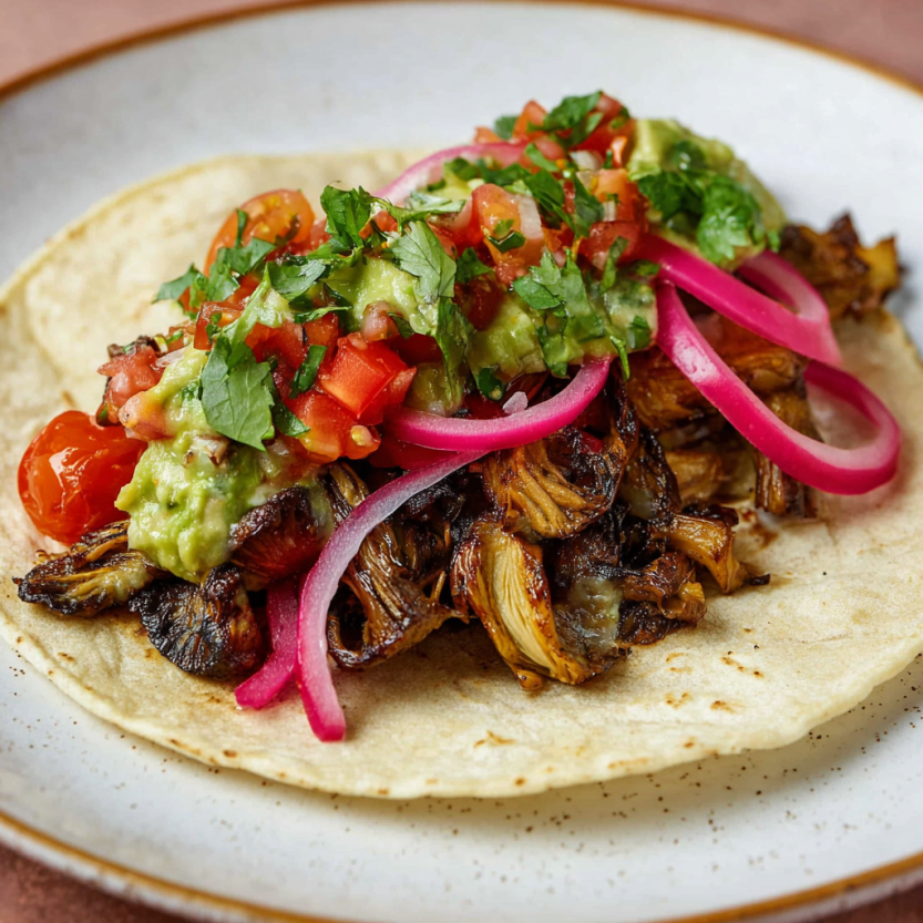 A plate of food with a taco on it.