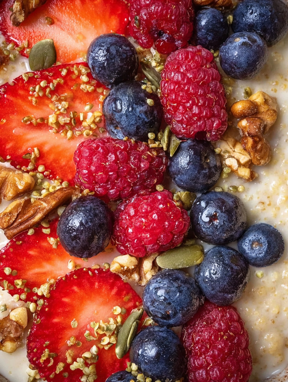A bowl of creamy millet porridge with fruit on top.