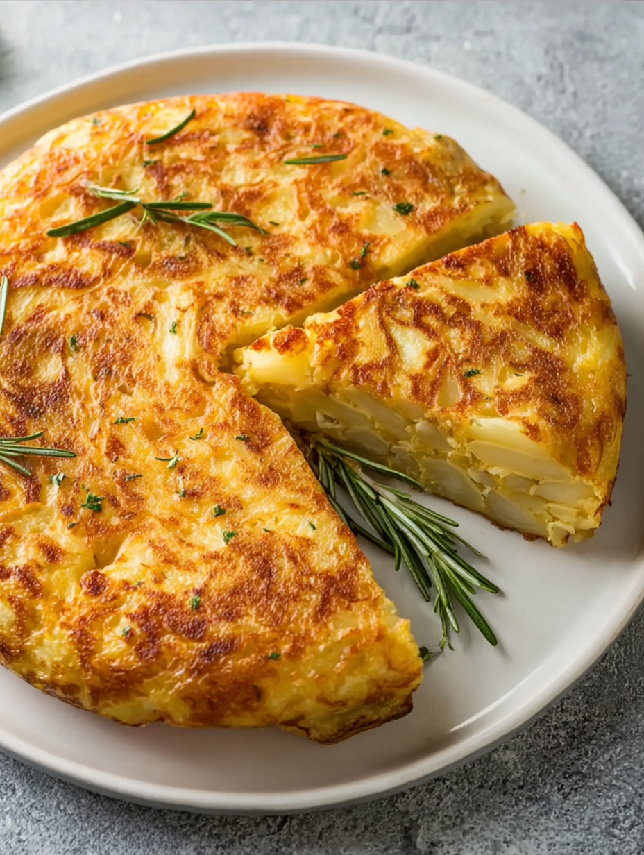 A slice of baked Spanish tortilla with herbs on top.