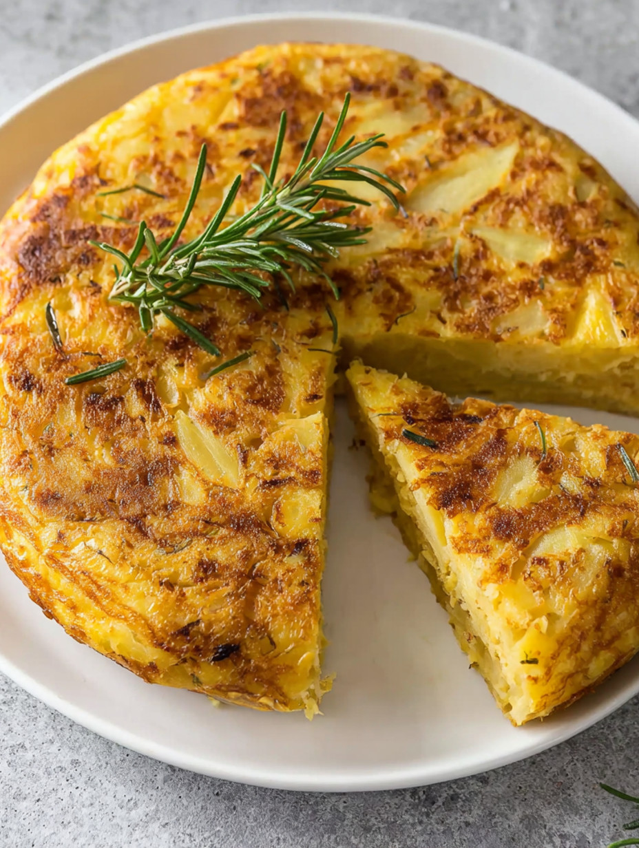 A slice of baked Spanish tortilla with a sprig of rosemary on top.
