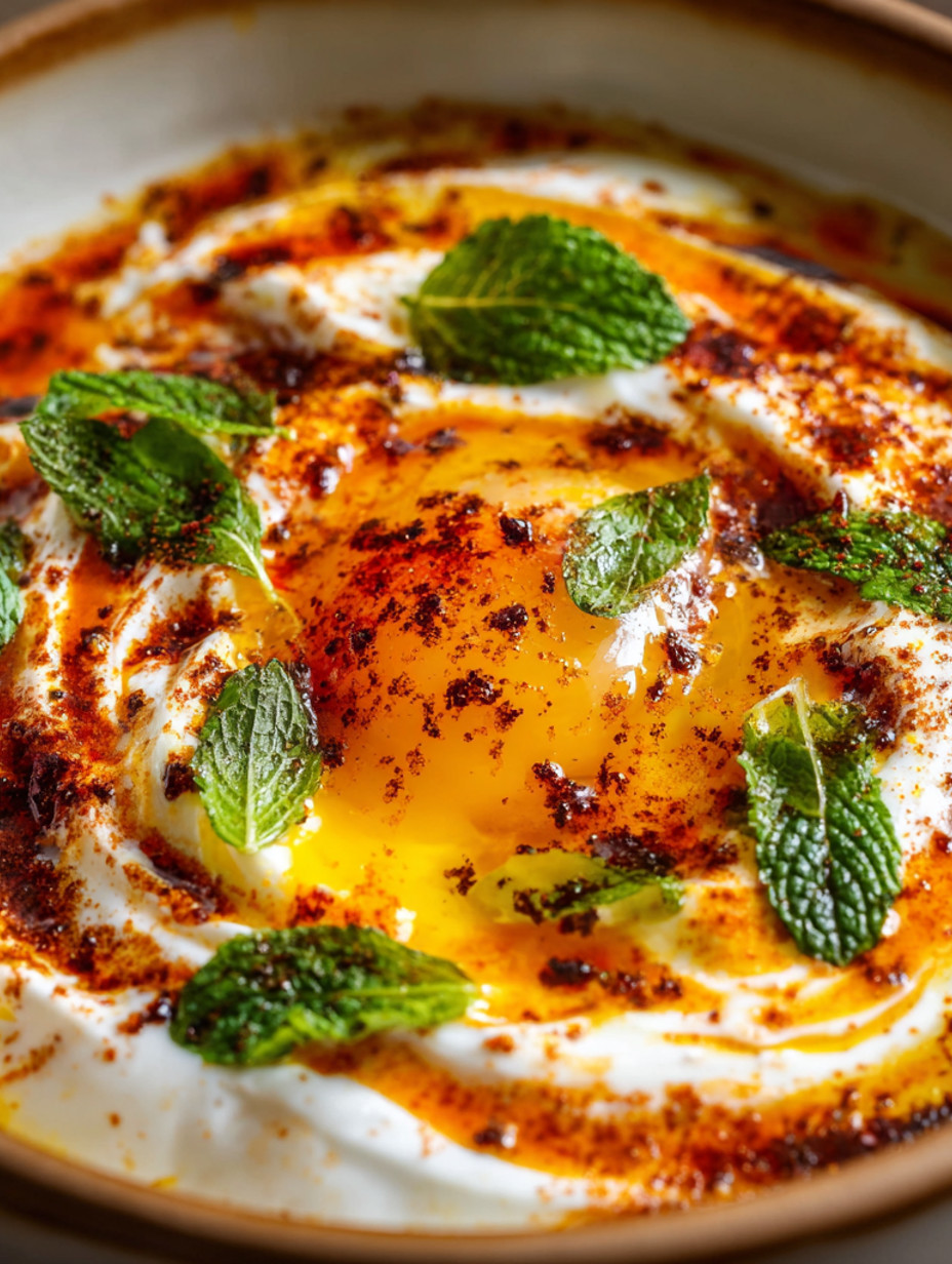 A close up of a fried egg with mint leaves on top.
