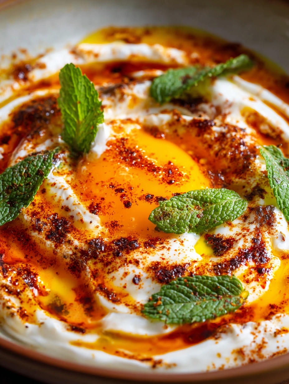 A dish of Turkish eggs with mint leaves on top.