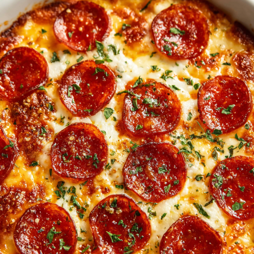 A pizza dip with pepperoni and cheese.