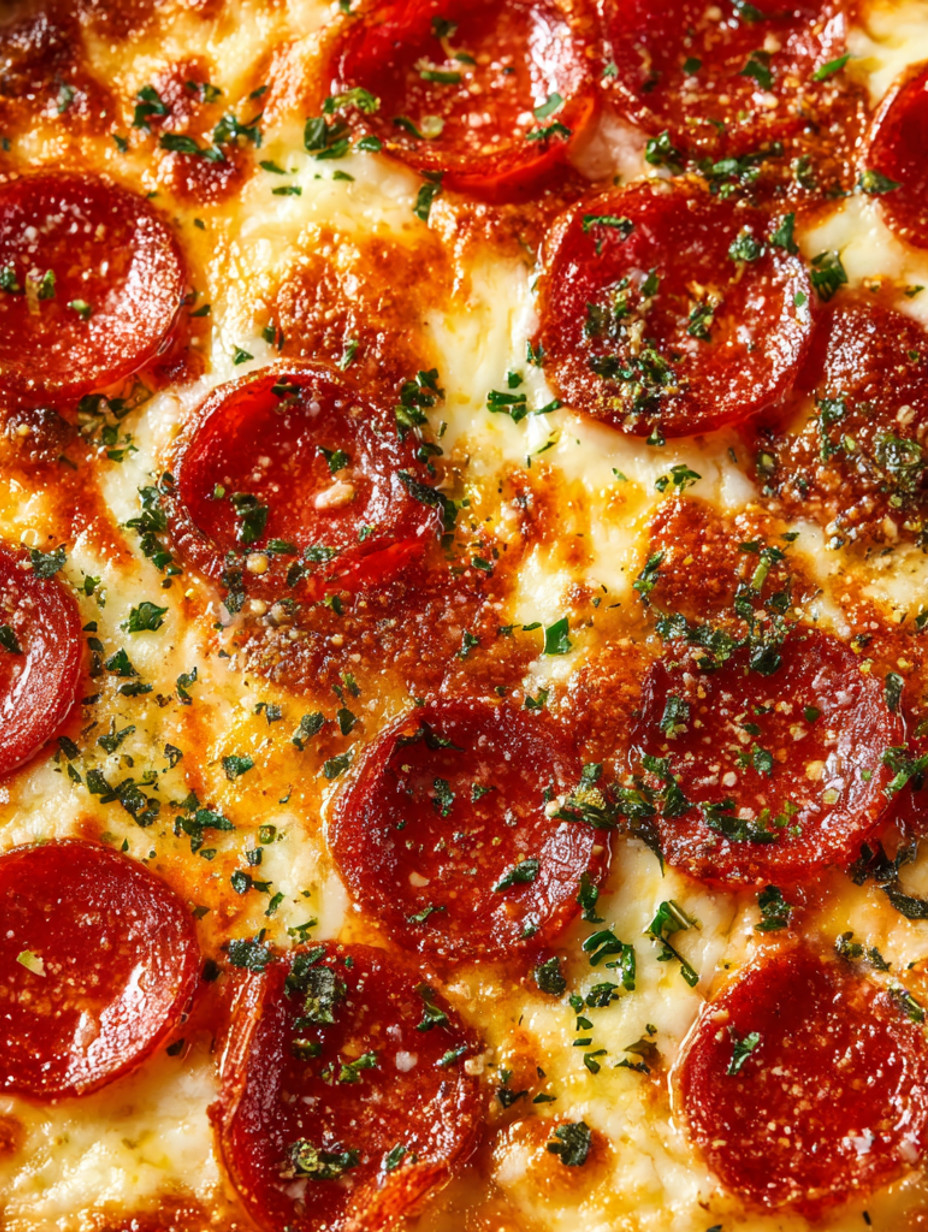 A close up of a pepperoni pizza with green herbs on top.