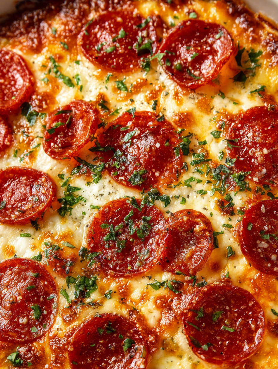 A pizza with pepperoni and green herbs.