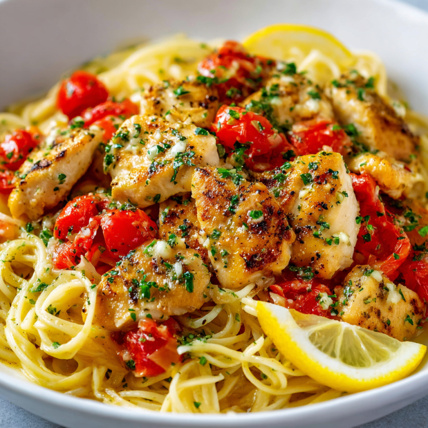 A bowl of chicken scampi with tomatoes and lemon.