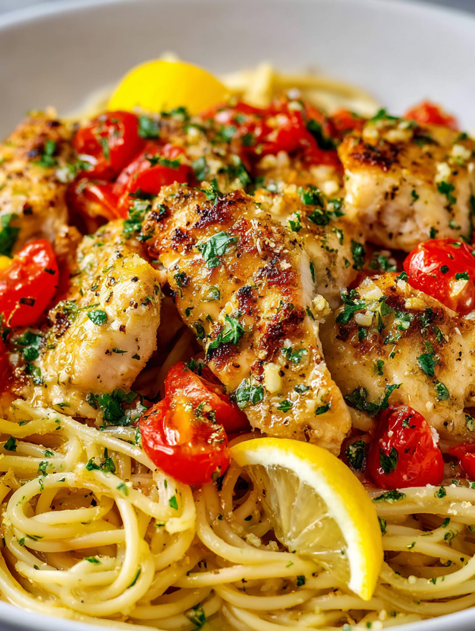 A plate of chicken scampi with tomatoes and lemon.