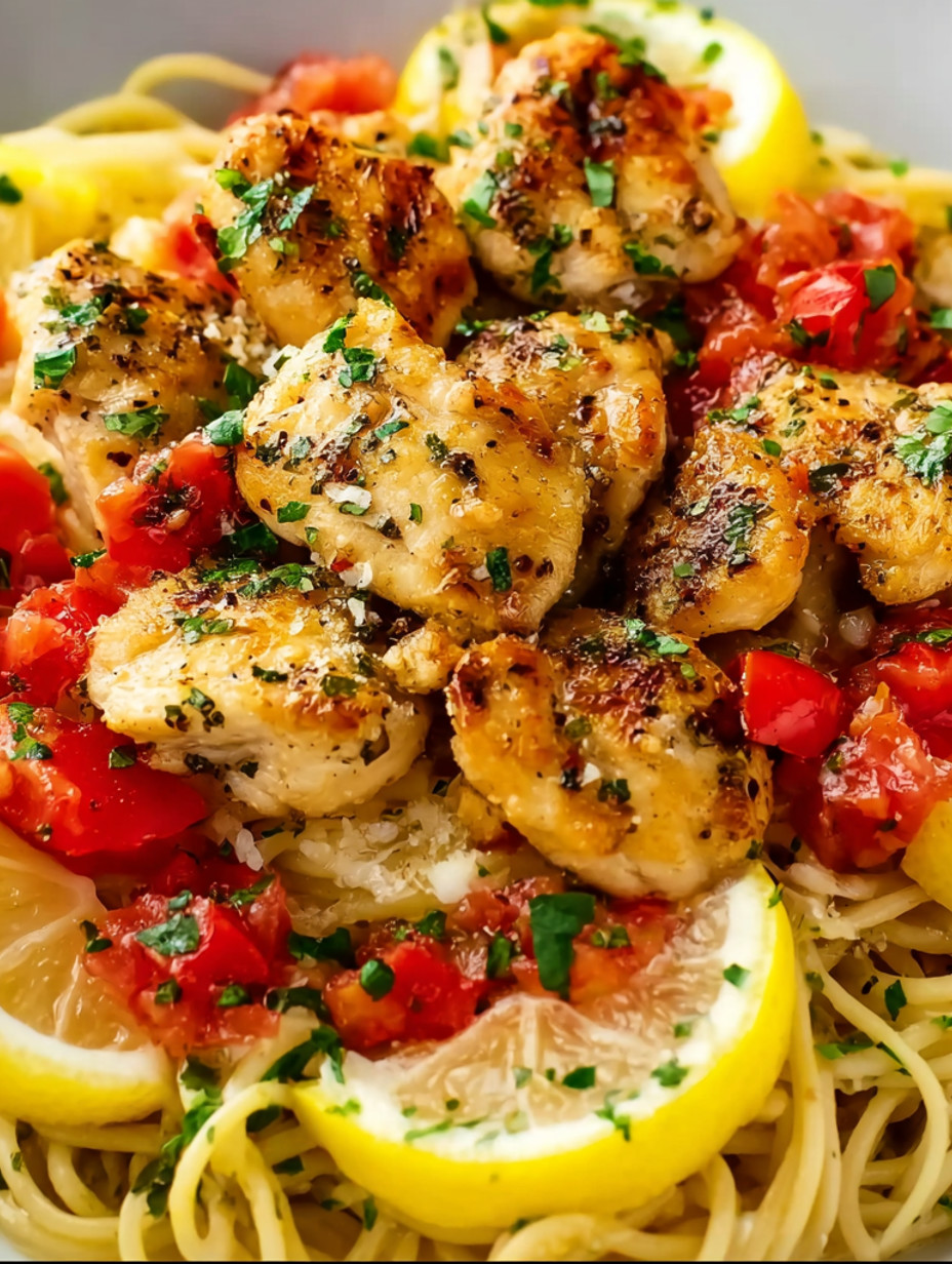 Chicken scampi with tomatoes and lemon.