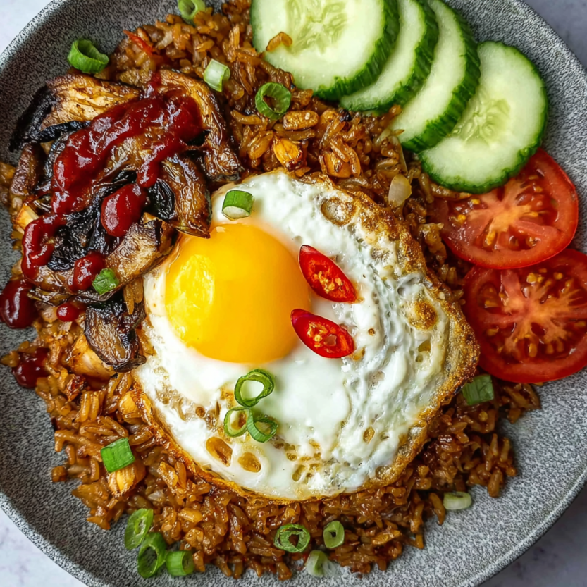 A plate of food with a fried egg on top.