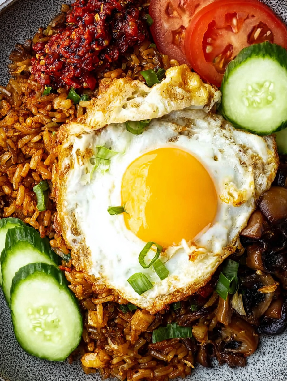 A fried egg on top of a plate of rice.