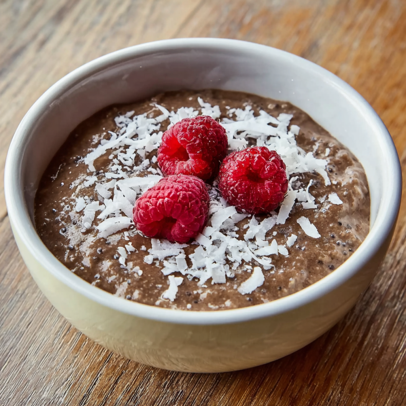 A bowl of vegan chocolate mousse with raspberries on top.