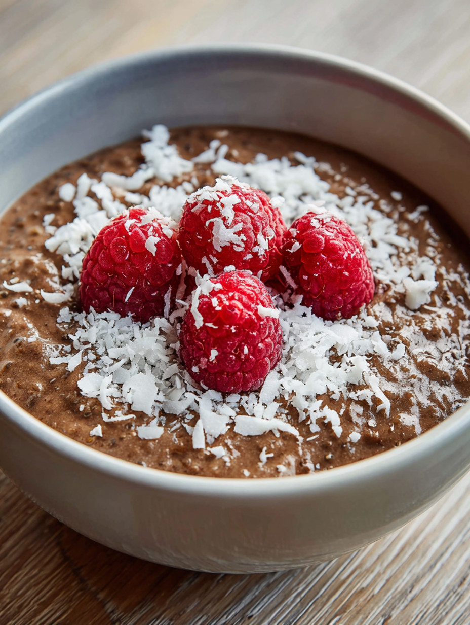 A bowl of vegan chocolate mousse with raspberries on top.