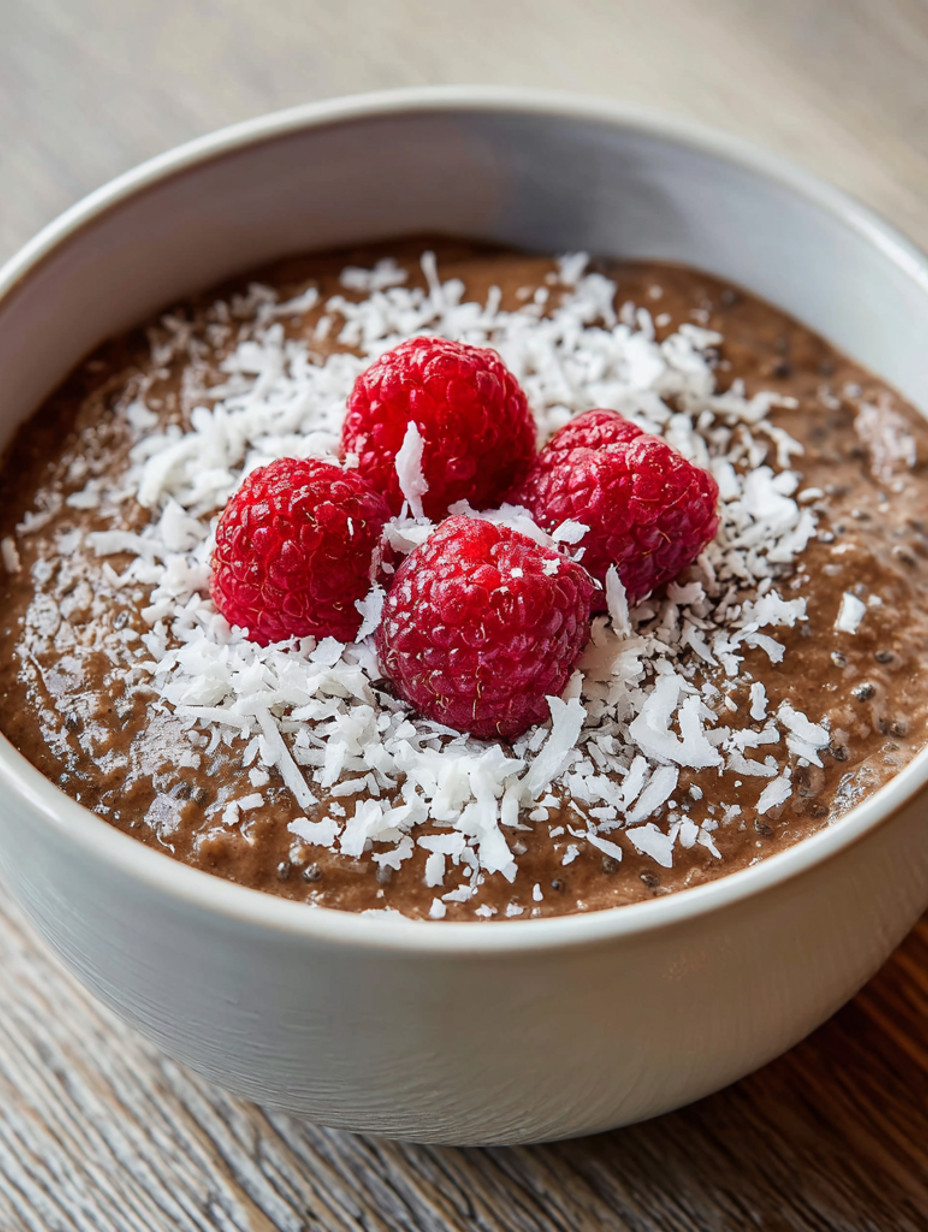 A bowl of vegan chocolate mousse with raspberries on top.
