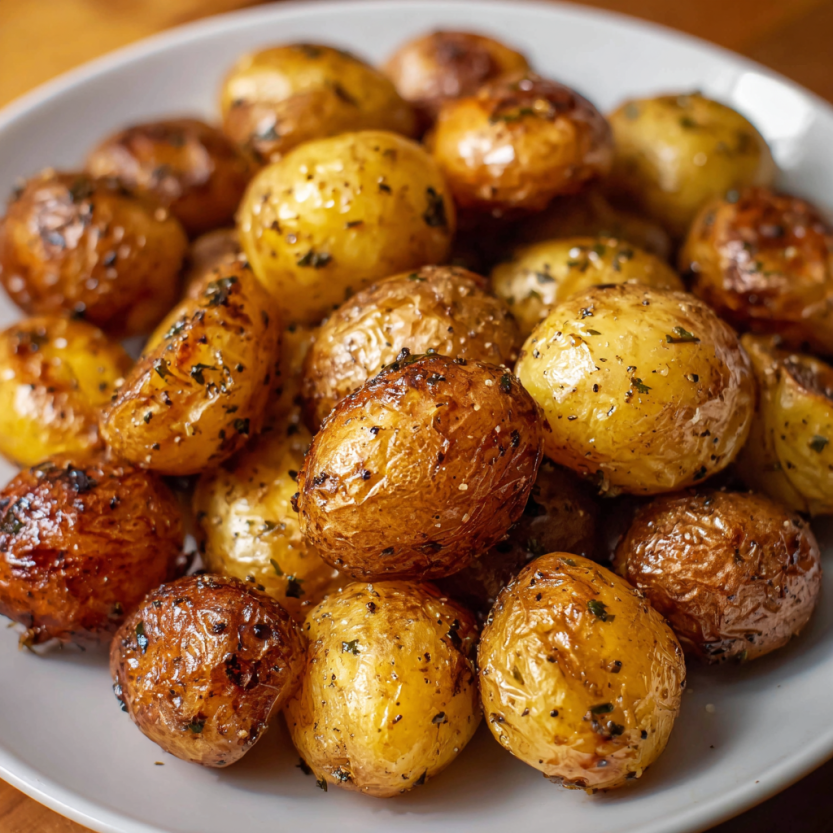 A plate of roasted potatoes.