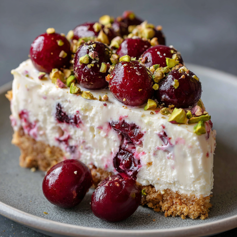 A slice of lemon lime cherry pistachio cake.