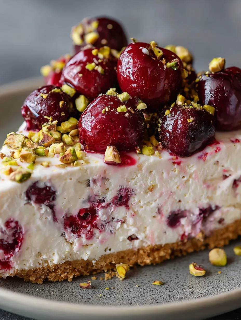 A slice of lemon lime cherry pistachio cheesecake.