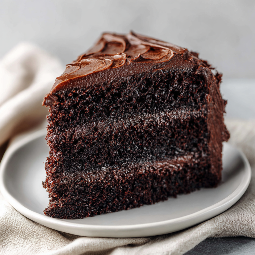 A slice of moist rich chocolate cake.
