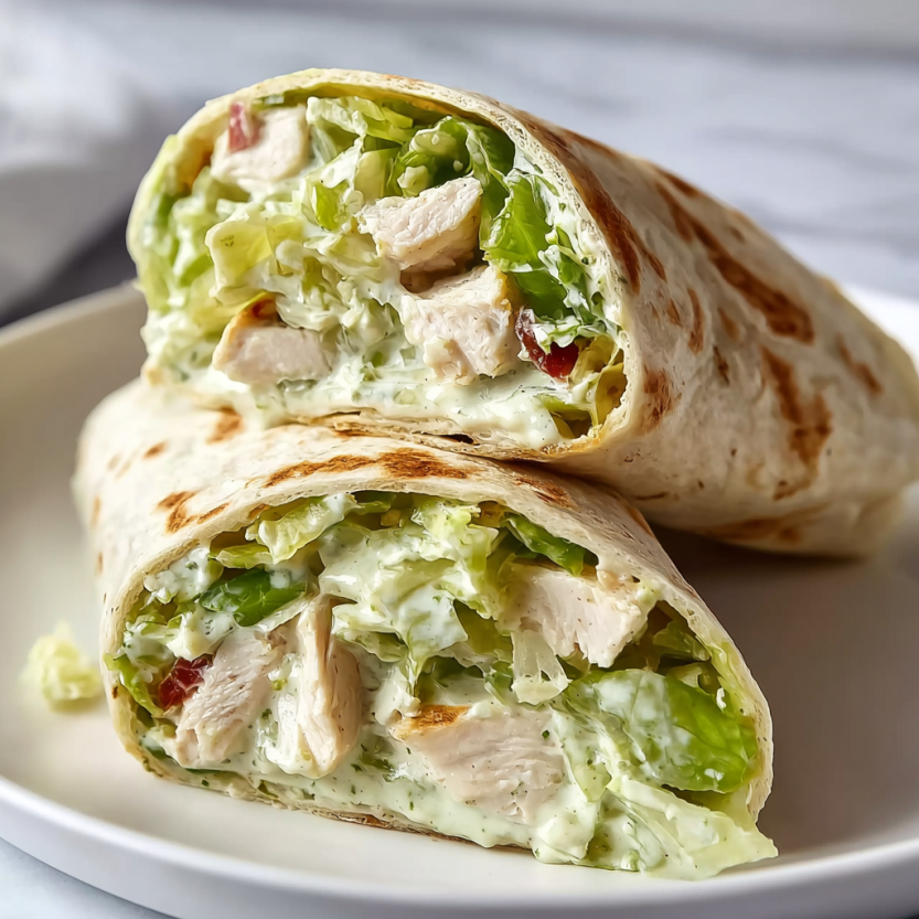 A plate with a wrap containing chicken and lettuce.