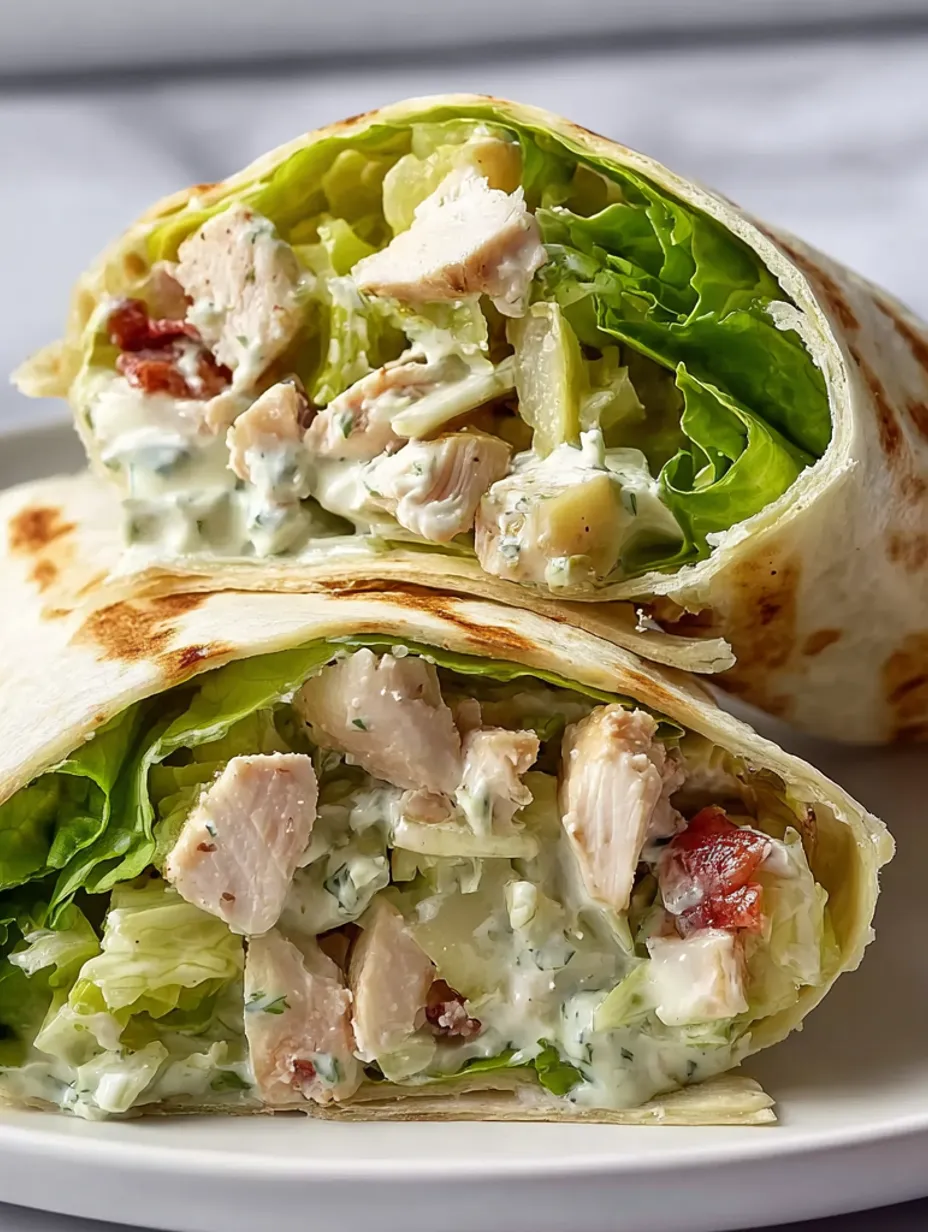 A wrap filled with chicken and lettuce.