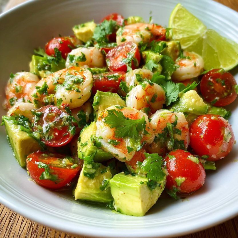 A bowl of shrimp salad with avocado and lime.