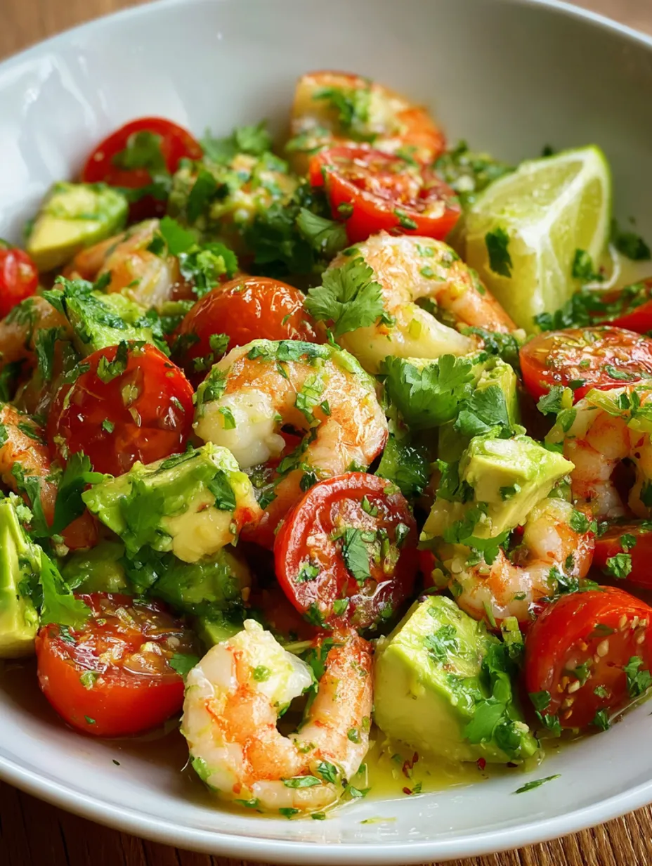 A bowl of shrimp salad with avocado and lime.