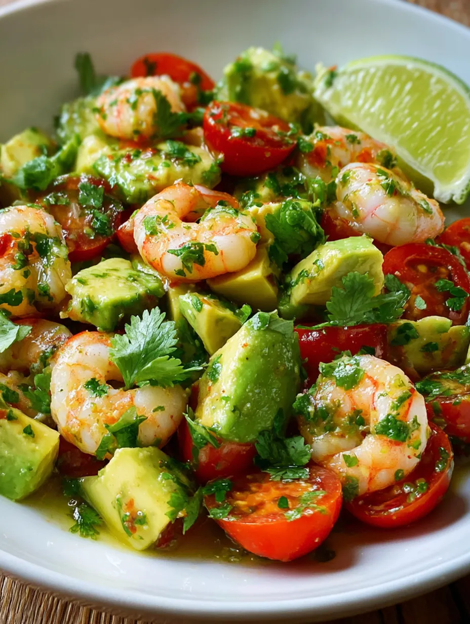 A dish of shrimp and avocado salsa.