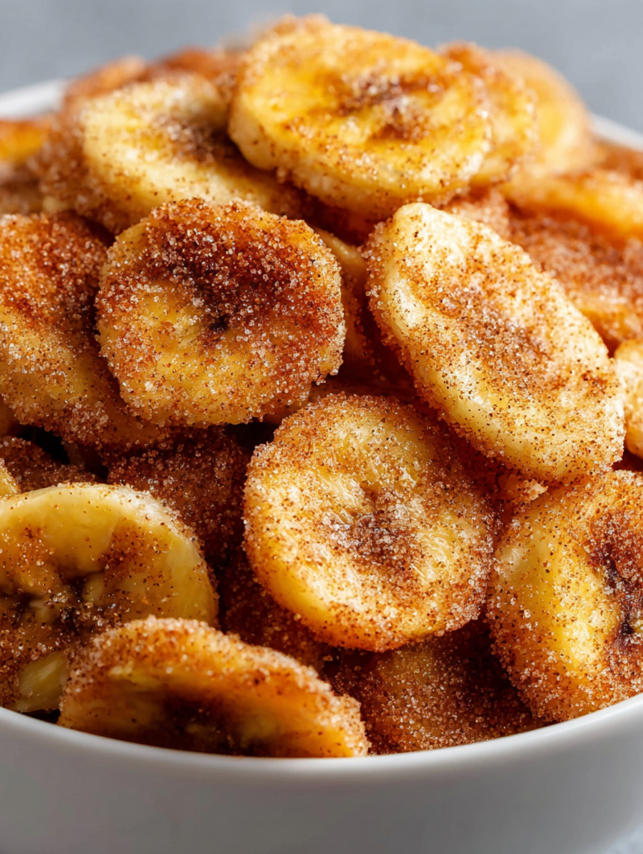 A bowl of banana chips with sugar on top.