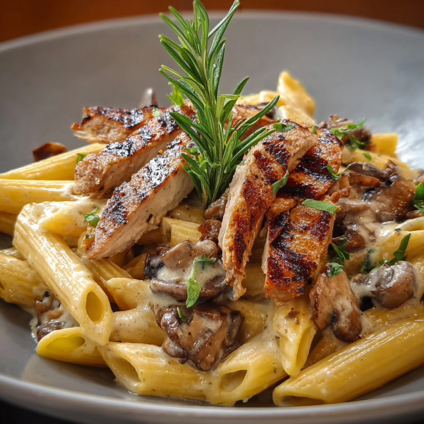 A plate of pasta with duck and mushrooms.