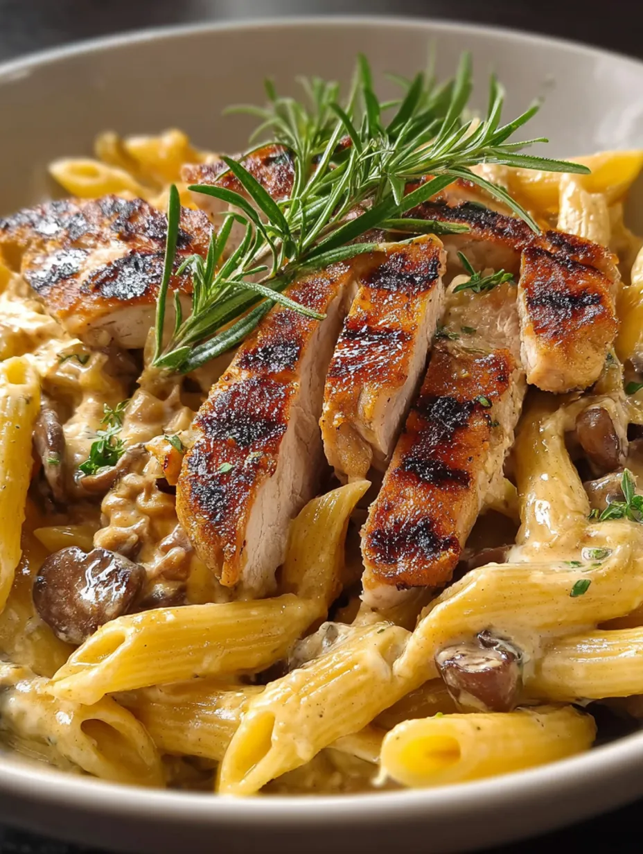 A plate of pasta with duck and mushrooms.
