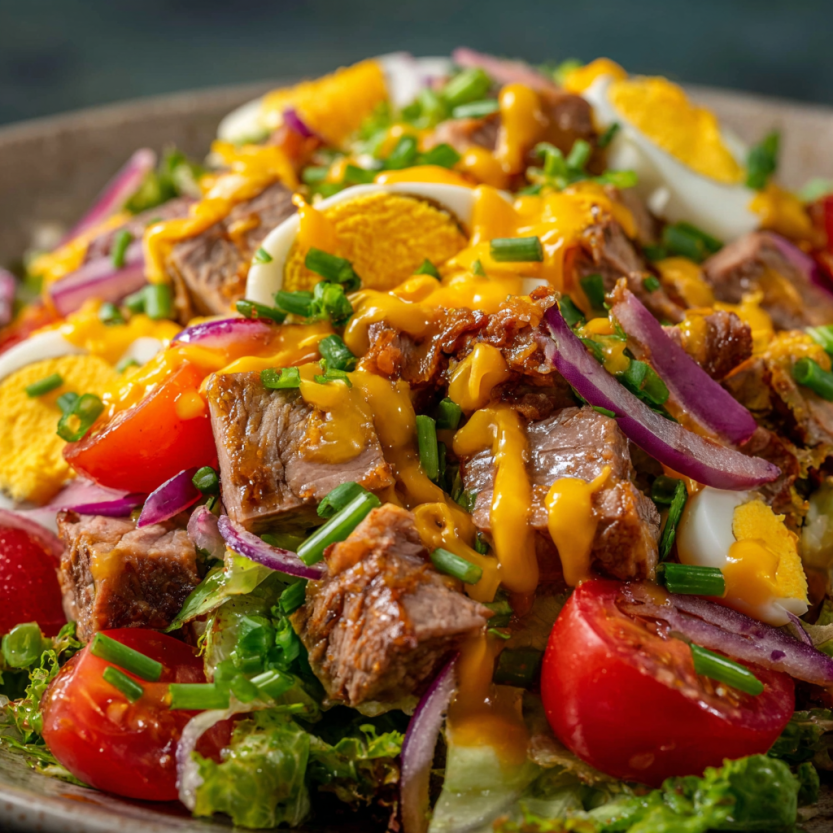 A salad with meat and vegetables.