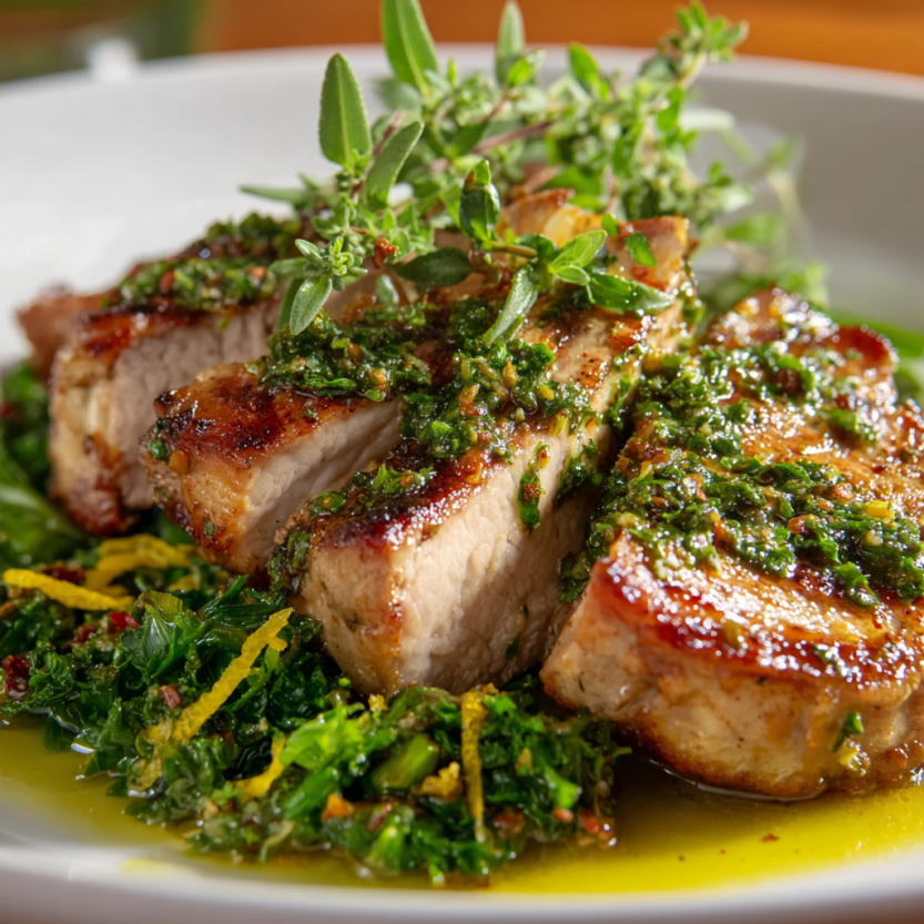 A plate of bone-in pork loin with herbs and sauce.