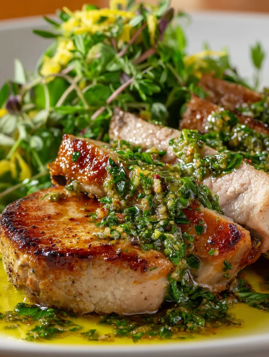 A bone-in pork loin with herbs and sauce.