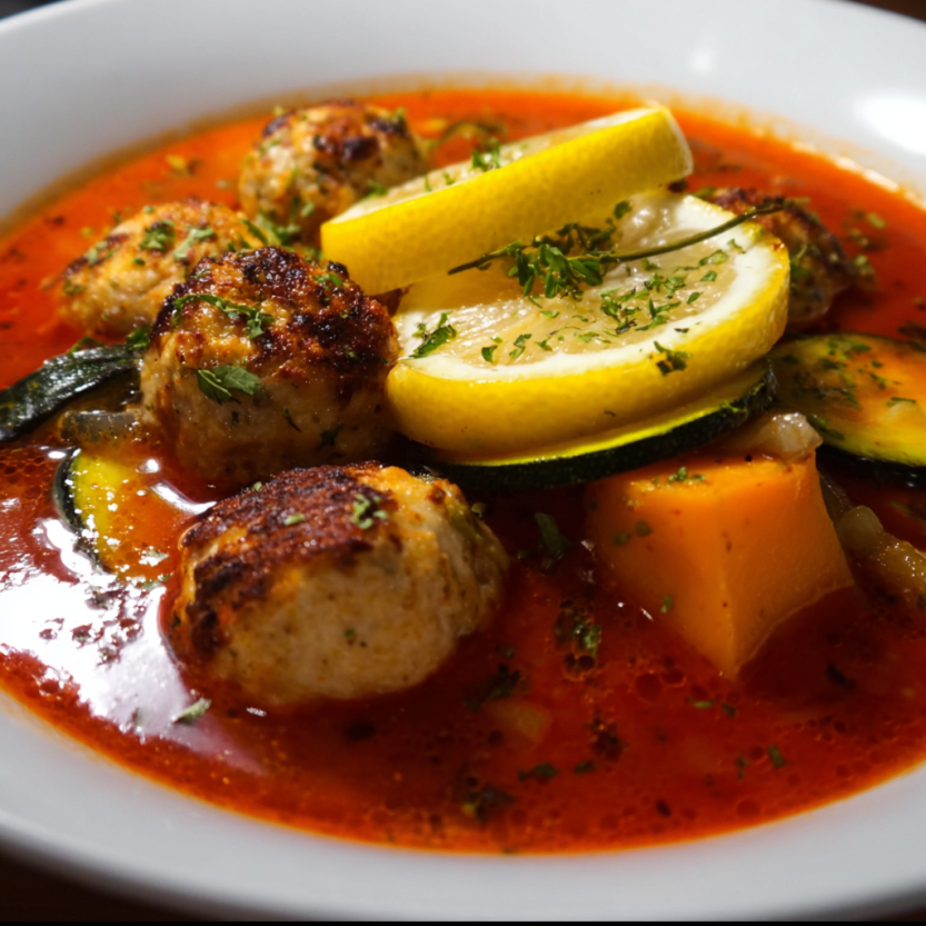 A bowl of tomato fish soup with a lemon wedge on top.