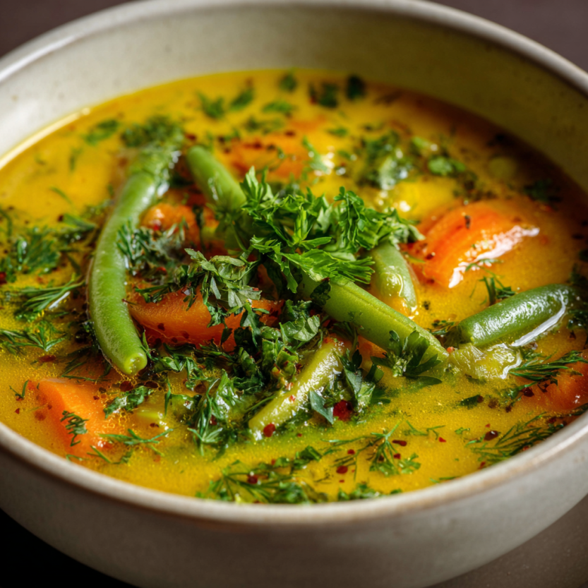 A bowl of soup with green beans and carrots.