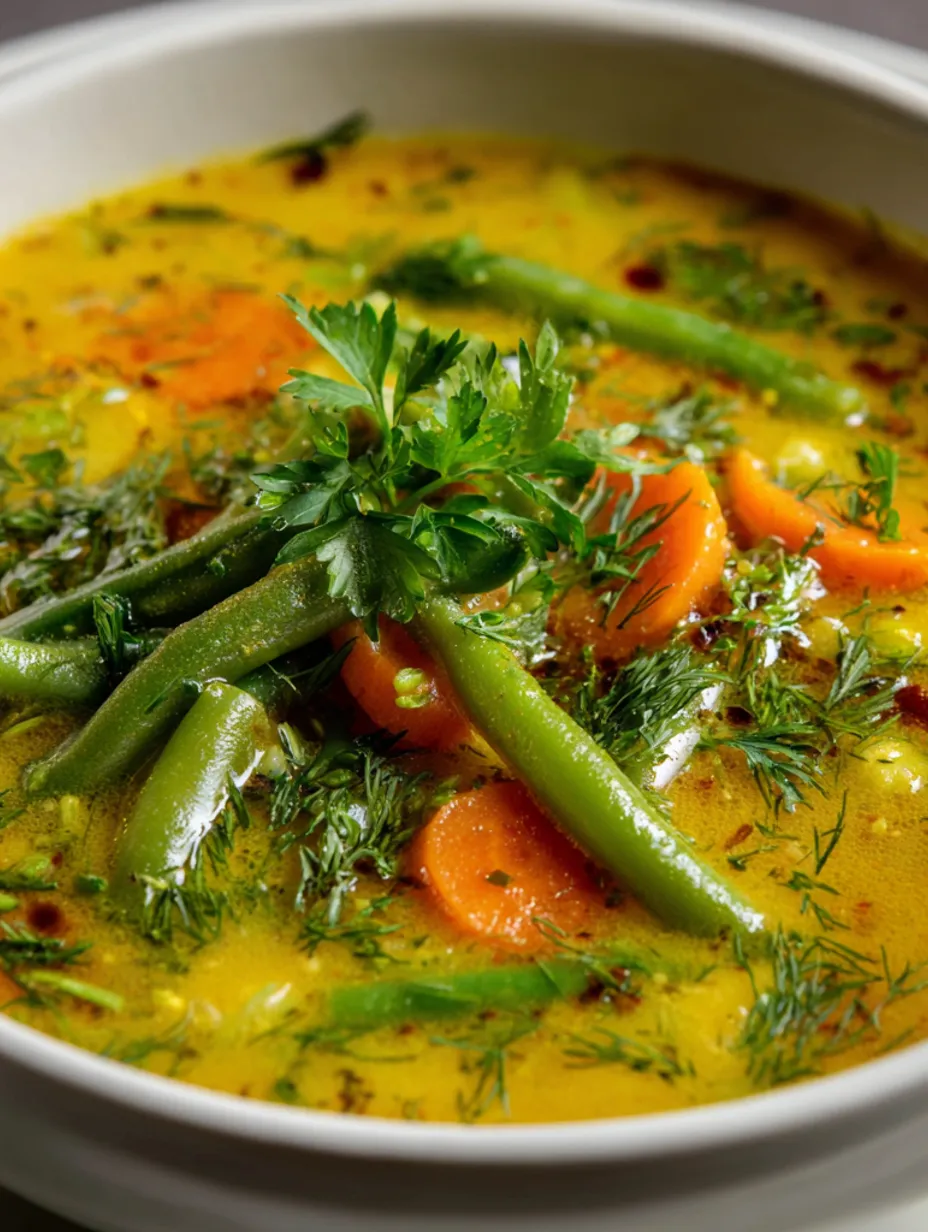 A bowl of soup with green beans and carrots.