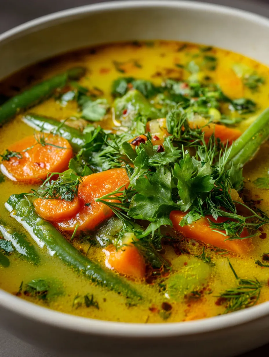 A bowl of soup with green beans and carrots.